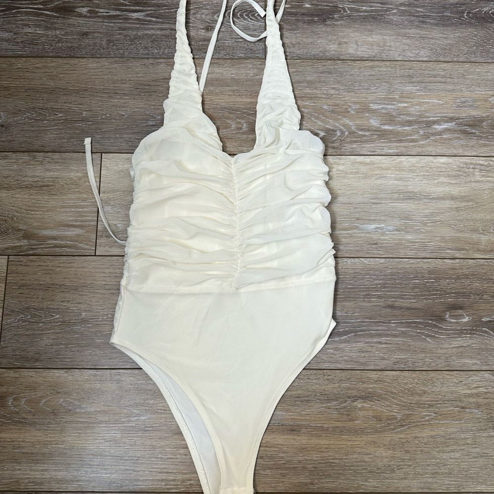 H&M White Halter Ruched Mesh One-Piece Bodysuit Sz XS
